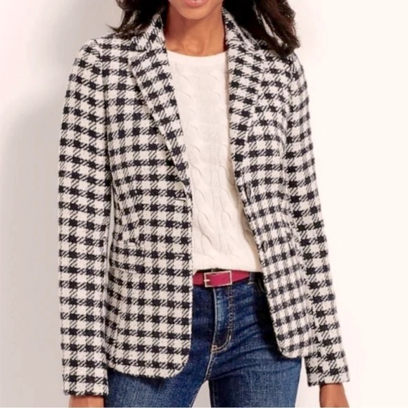 Talbots Blazer Wool Blend Navy Black Ivory Checkers Rainbow Confetti 16 Petite - Picture 2 of 13